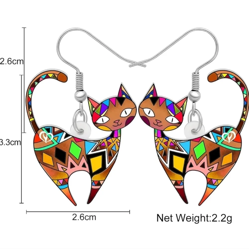 Women's jewelry unique multicolored designed cat dangle earrings!